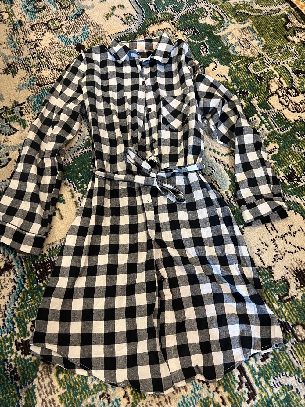 Button-Front Black and White Gingham Midi Dress with Waist Tie